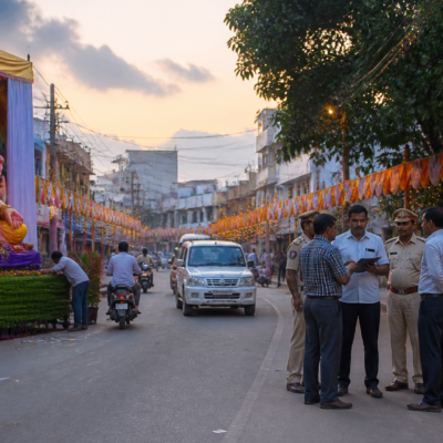 Ganeshotsav decorations and a community celebration area in Hosadurga under festival safety rules