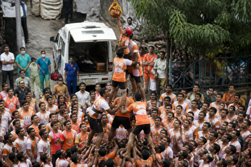 Govindas forming a human pyramid during Dahi Handi celebrations in Thane