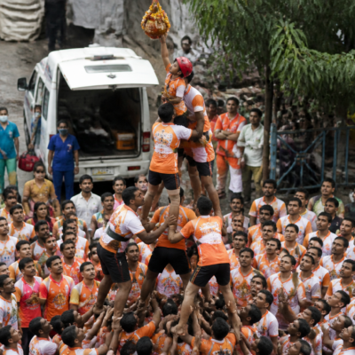 Govindas forming a human pyramid during Dahi Handi celebrations in Thane