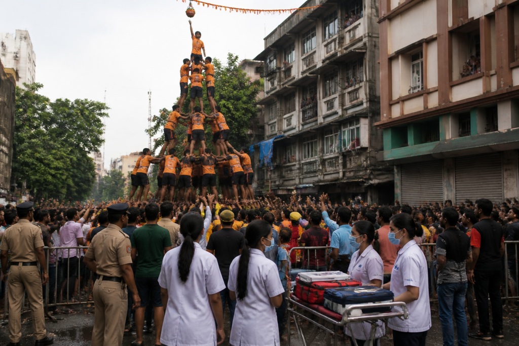 Dahi Handi Govindas forming a human pyramid on a crowded Mumbai street with civic safety arrangements nearby