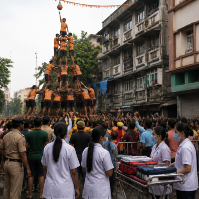 Dahi Handi Govindas forming a human pyramid on a crowded Mumbai street with civic safety arrangements nearby