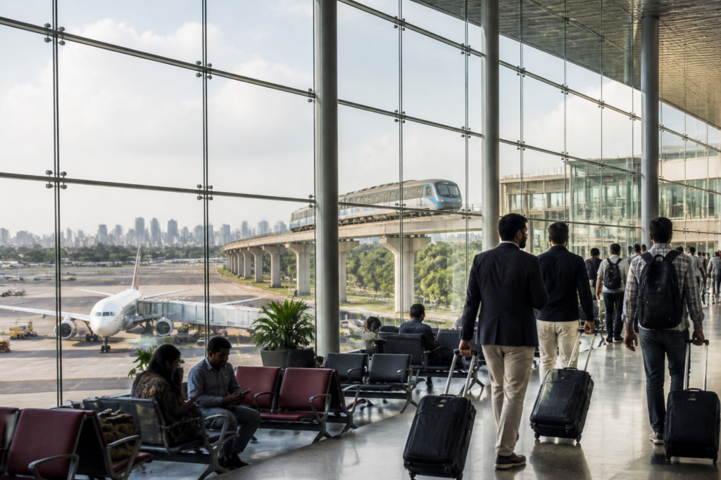 Aircraft at an airport terminal representing the Mumbai Airport T1 redevelopment and flight shifts to Navi Mumbai Airport