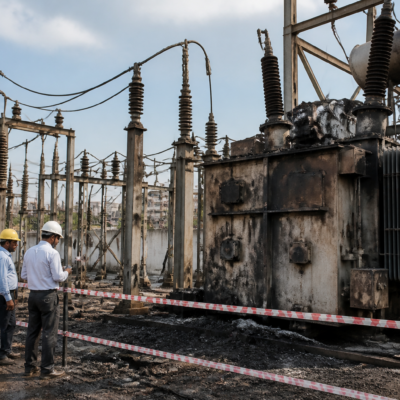 Electrical substation infrastructure in Chinchwad after a fire caused a major Pune power outage