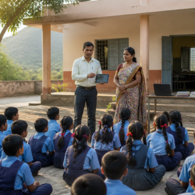 Students and teachers at a Pune Zilla Parishad school during an educational programme
