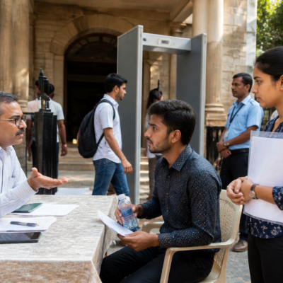 Students attending an examination consultation at Savitribai Phule Pune University in Pune for Maharashtra government recruitment exams