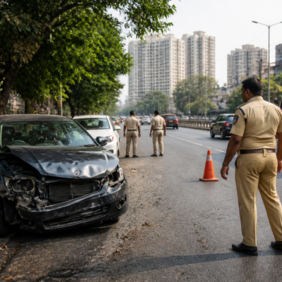 Police and emergency responders at the site of a car accident in Kalwa, Thane