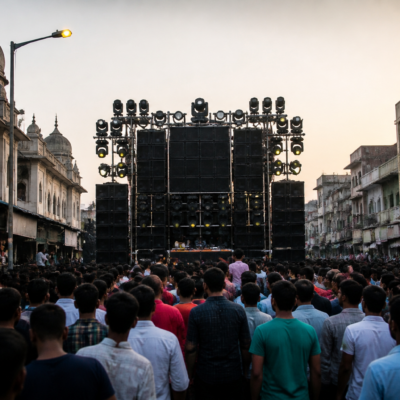 Festival sound system and public gathering in Maharashtra illustrating the debate over DJ noise pollution