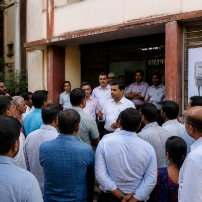 Electricity meter installation equipment outside an MSEDCL office in Vasai-Virar amid a smart meter protest