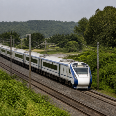 White-and-blue 16-car Vande Bharat train during a trial run on the Yesvantpur-Mangaluru railway route