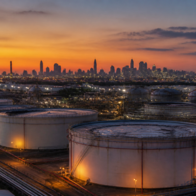 Oil prices and crude oil market represented by storage tanks and pump infrastructure under a city skyline