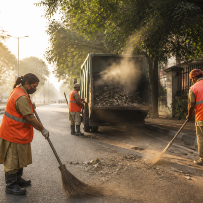 Bengaluru pourakarmikas conducting sanitation work on a city street