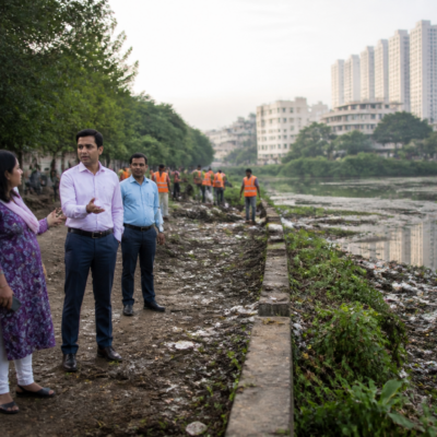 Civic workers and officials inspecting a public area near Agara Lake in Bengaluru