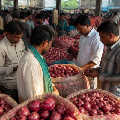 Onions displayed for sale at a wholesale market in Bengaluru as prices rise above ₹70 per kilogram