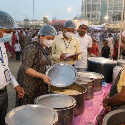 Maharashtra FDA food safety officials inspecting food arrangements at a public festival gathering