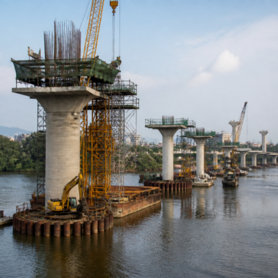 Construction activity on the Gaimukh-Payegaon Bridge project across Thane Creek in Maharashtra