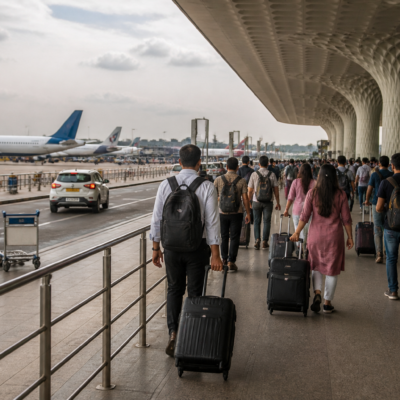 Passengers and aircraft at Mumbai Airport amid flight shifts to Navi Mumbai Airport for Terminal 1 redevelopment