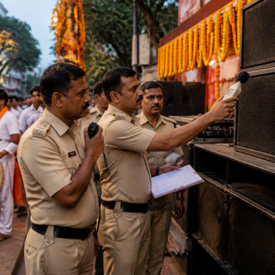 Police inspect loudspeaker equipment during a Dahi Handi celebration in Pune as part of noise pollution checks