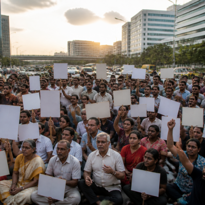 Protesters gather near Infosys Circle in Hinjawadi over the delayed Hinjawadi-Shivajinagar Metro service and local infrastructure problems
