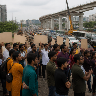 IT employees and residents participating in a silent infrastructure protest near Hinjawadi IT Park in Pune
