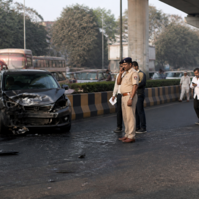 Police investigation area after a car accident in Kalwa, Thane, where a pedestrian died and two people were injured