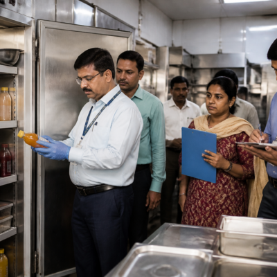 Food safety inspection at a Bengaluru commercial kitchen, representing the FDA inspection at Vivekanagar Hockey Club