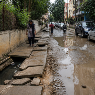 A damaged footpath beside an open drain and muddy road in a Bengaluru neighbourhood