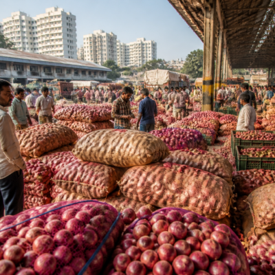 Onions displayed for sale at a Bengaluru market amid rising onion prices and government-subsidised distribution