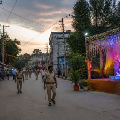Ganeshotsav decorations and a public road in Hosadurga under local police safety and permission rules