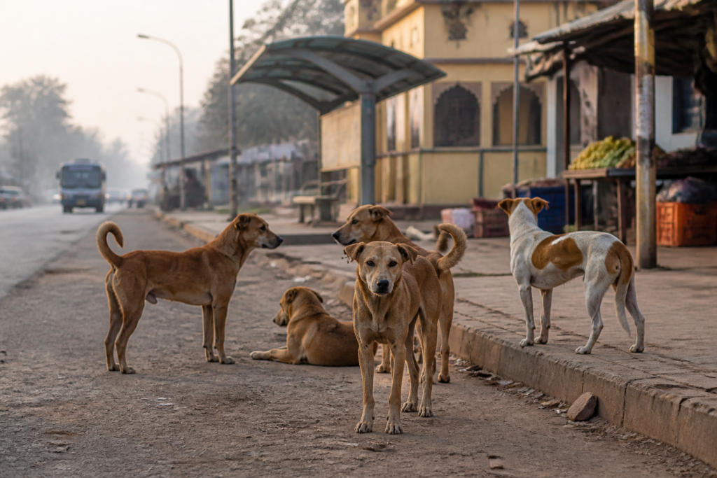 Stray dogs gathered near a public road in Soraba, where 1,522 dog-bite cases were recorded in eight months