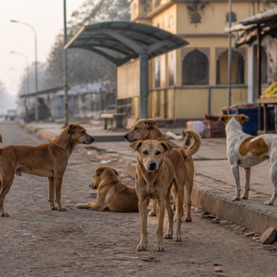 Stray dogs gathered near a public road in Soraba, where 1,522 dog-bite cases were recorded in eight months