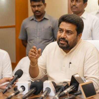 Karnataka Urban Development Minister Yathindra Siddaramaiah speaking to media representatives in Raichur about drought relief funds