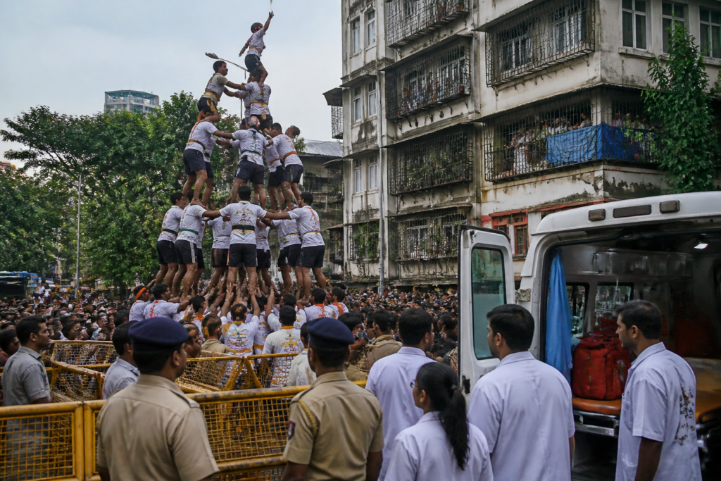 Govindas forming a human pyramid during Dahi Handi celebrations in Mumbai
