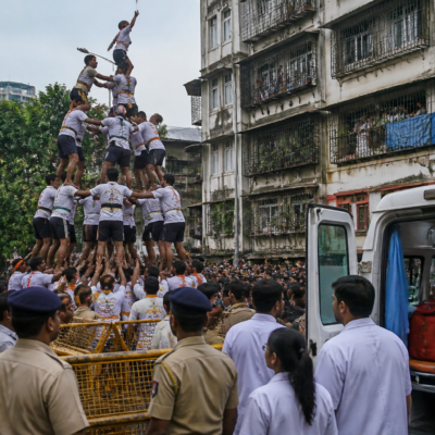 Govindas forming a human pyramid during Dahi Handi celebrations in Mumbai