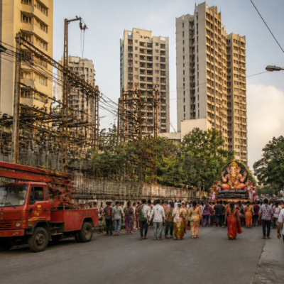 BEST electricity infrastructure and a dense Mumbai housing complex representing the undertaking's drive to add new customers