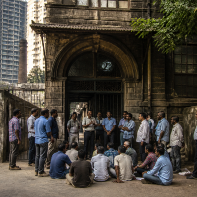 Century Mill entrance in Lower Parel, Mumbai, where mill workers are protesting a BMC land allotment proposal