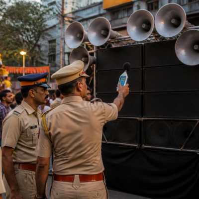 Sound equipment used during a Dahi Handi celebration in Pune as police enforce noise pollution limits