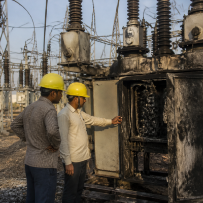 Fire-damaged electrical equipment at a high-voltage power substation in Chinchwad after the Pune power outage