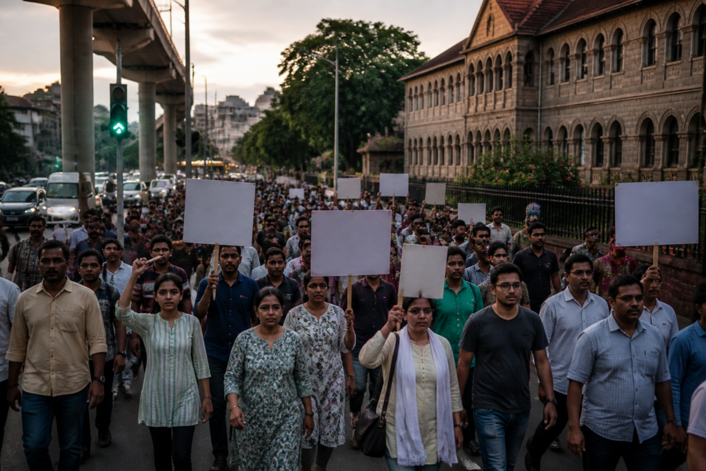 Pune residents marching with placards during a protest demanding a DJ ban and tighter festival noise controls
