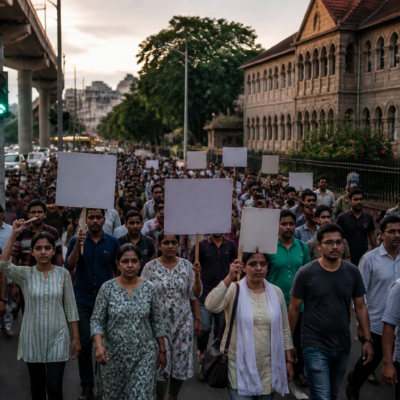 Pune residents marching with placards during a protest demanding a DJ ban and tighter festival noise controls