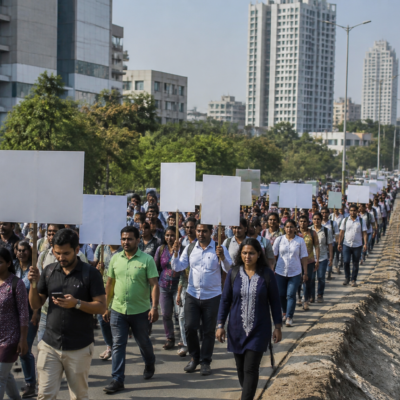 IT employees and residents marching with placards during a protest over Hinjawadi infrastructure and traffic problems in Pune
