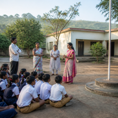 Students and teachers at a Pune Zilla Parishad school during an education recognition event