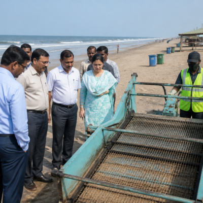 Civic officials inspecting cleaning and visitor facilities at Rajodi Beach in Nalasopara West