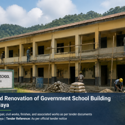 Government school building in West Garo Hills Meghalaya under renovation with construction workers