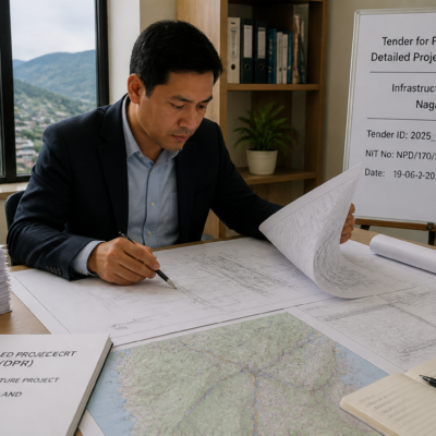 Government official reviewing Detailed Project Report documents for infrastructure project in Nagaland