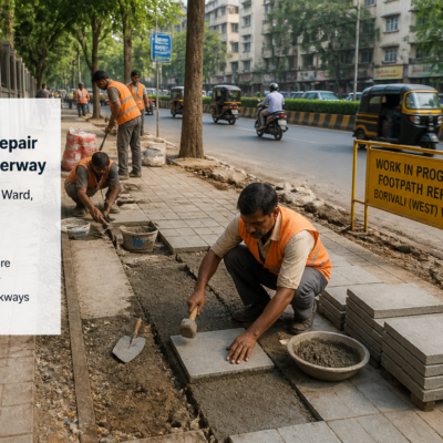 Footpath repair works in Borivali (West) ward, Mumbai, illustrating civil infrastructure maintenance