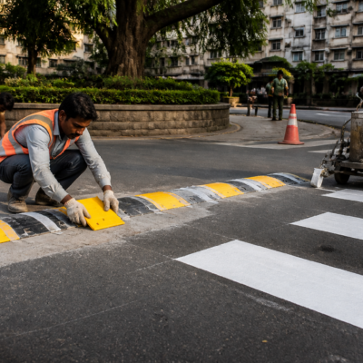 Road workers installing speed breaker and applying thermoplastic road markings at Union Park in Mumbai's H West Ward