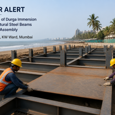 Structural steel framework for Durga immersion pond construction at Juhu Beach in KW Ward Mumbai