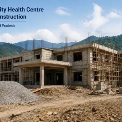 Construction site of Community Health Centre building in rural New Dari, Arunachal Pradesh under government tender