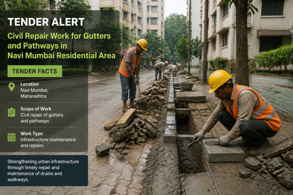 Repair work on gutters and pedestrian pathways near residential apartments in Ghansoli ward, Navi Mumbai.