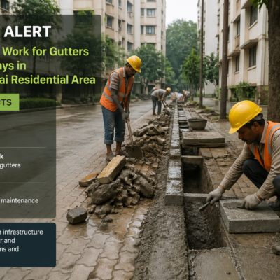 Repair work on gutters and pedestrian pathways near residential apartments in Ghansoli ward, Navi Mumbai.